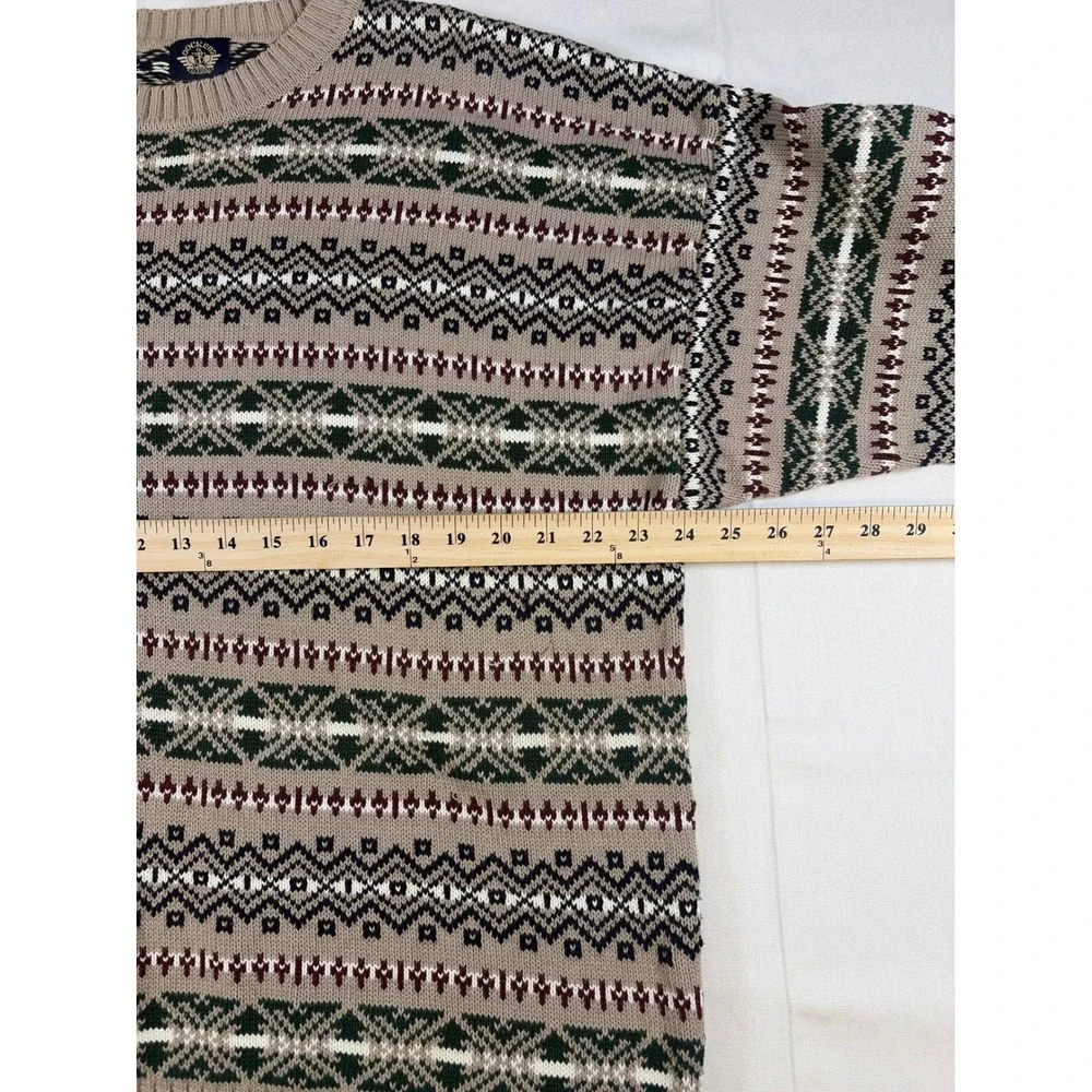 VNTG 90's Dockers Men Large Cotton Fair Isle Crewneck Sweater Tan Green Burgundy